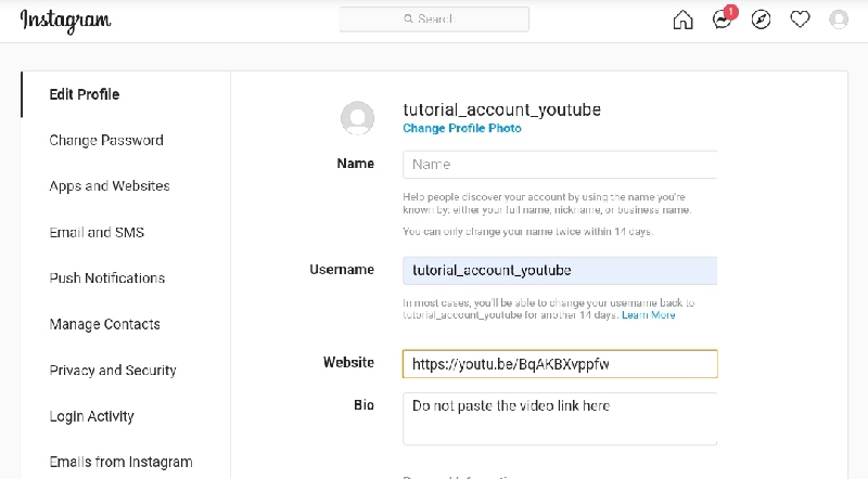 add YouTube video link to Instagram Bio