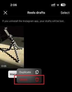 Delete Reels draft option on Instagram