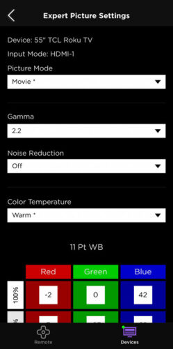 Roku app showing expert picture settings