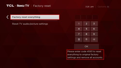 Factory reset settings displayed on TCL TV screen