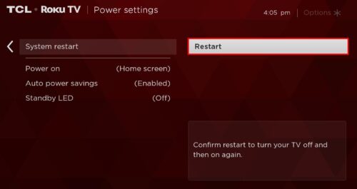 Restart option displayed on screen