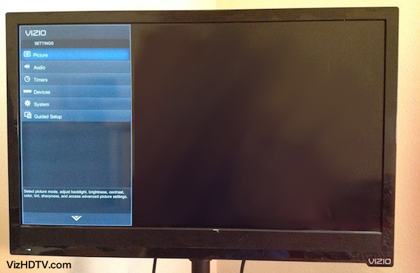 Vizio TV's settings box displaying options