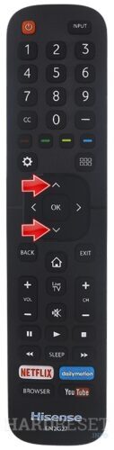 Hisense TV remote showing channel up and down buttons