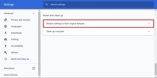 Restore and reset option on Google Chrome