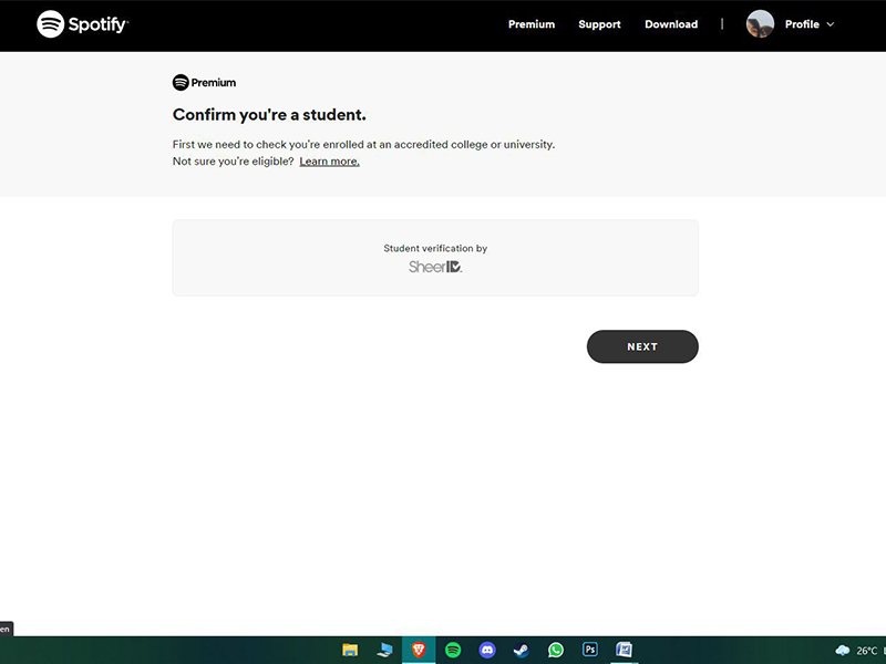 Spotify student verification page