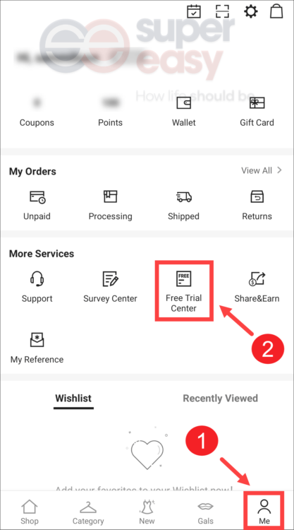 Free trial center on Shein app