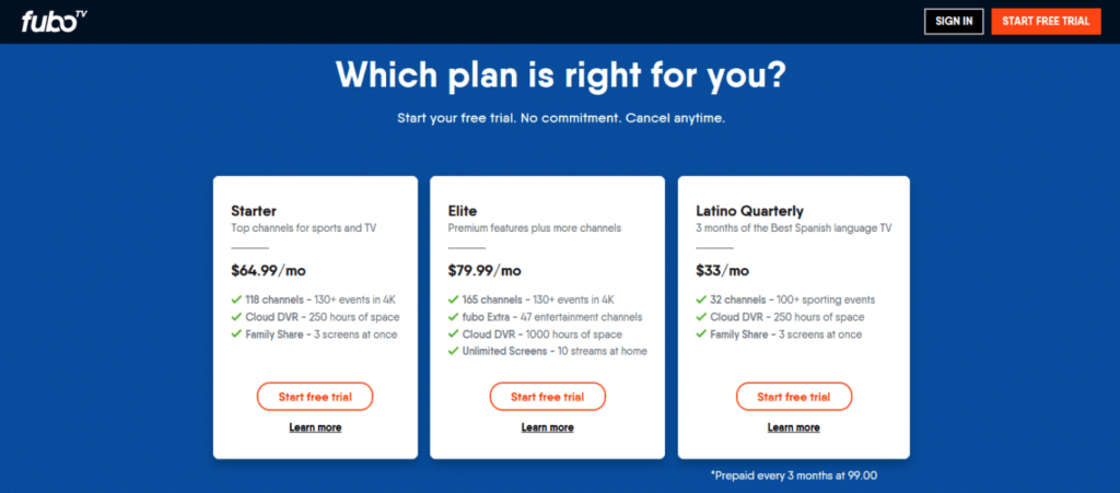 option to choose fuboTV plans