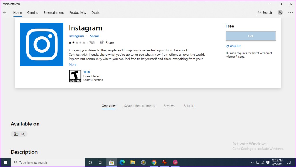 Install Instagram's Windows 10 app