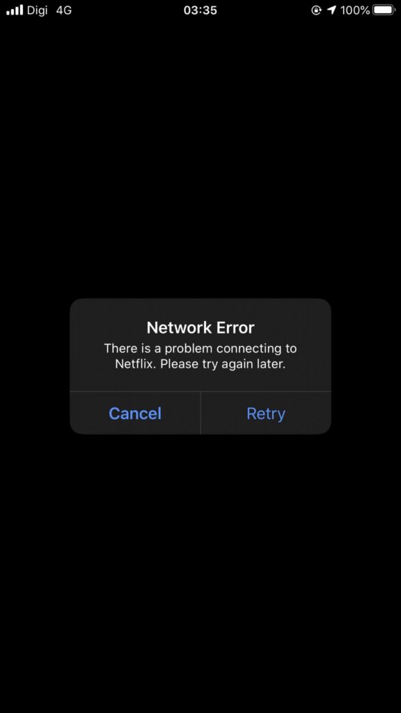 Screenshot of Netflix problem connecting to the internet.