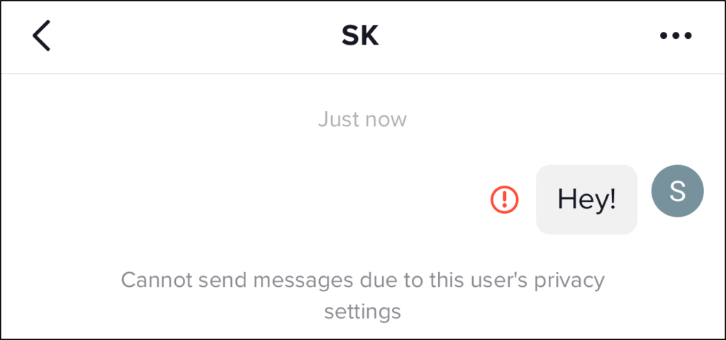 Screenshot of unable to send text to user due to user's privacy setting