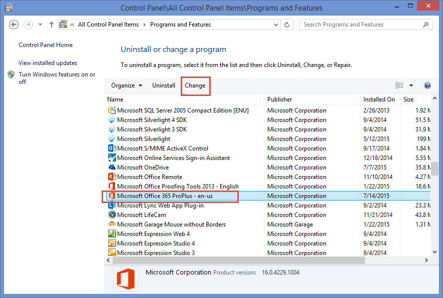 Screenshot of Add or Remove Program, Microsoft Office Change