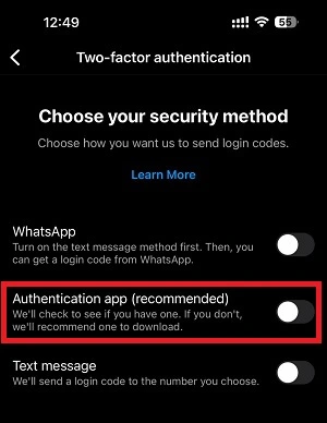 Two-factor authentication through Authentication app on Instagram