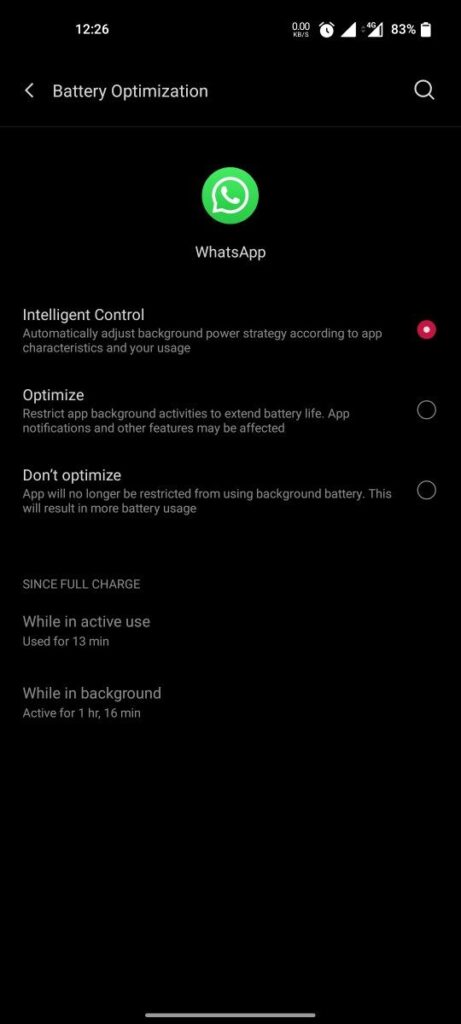 Screenshot of Whatsapp Battery Optimization setting