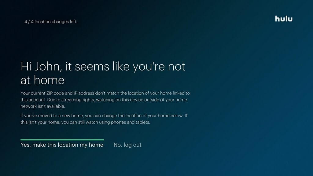 Screenshot of Hulu error screen