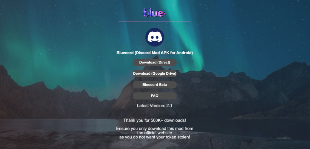 screenshot of the official Bluecord site 
