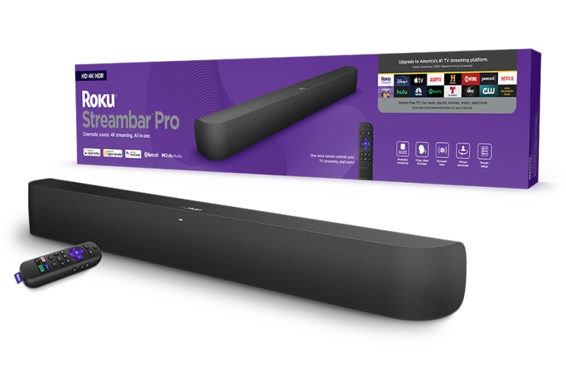 Roku Streambar Pro with the Soundbar, remote and packaging box