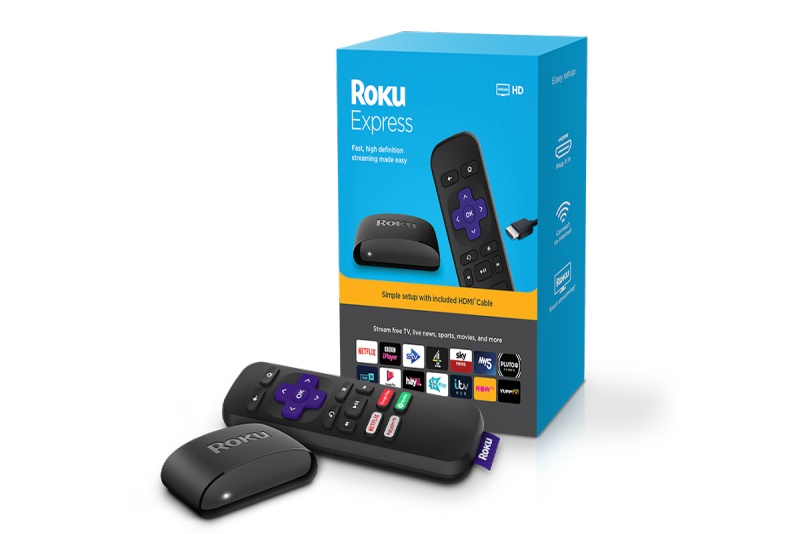 Roku Express Product with Roku Express console, remote and box