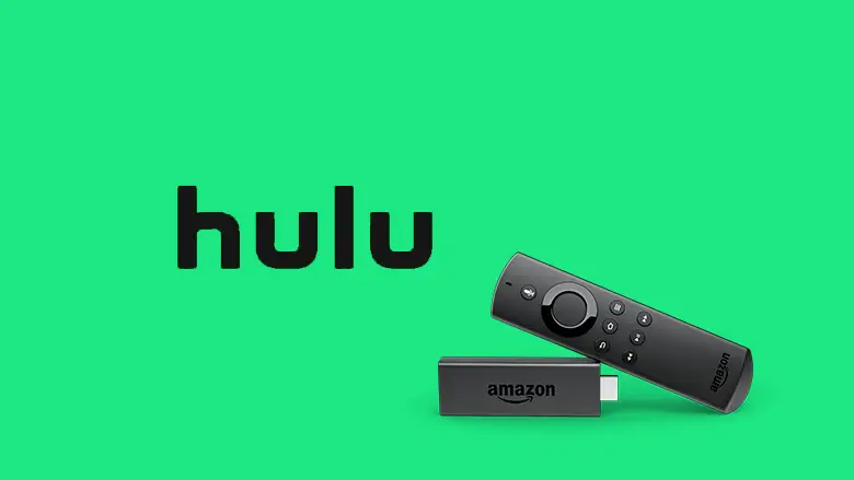 Image of Amazon Firestick on a green background with the Hulu logo