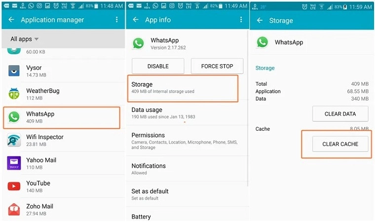 screenshots of how to clear WhatsApp Cache