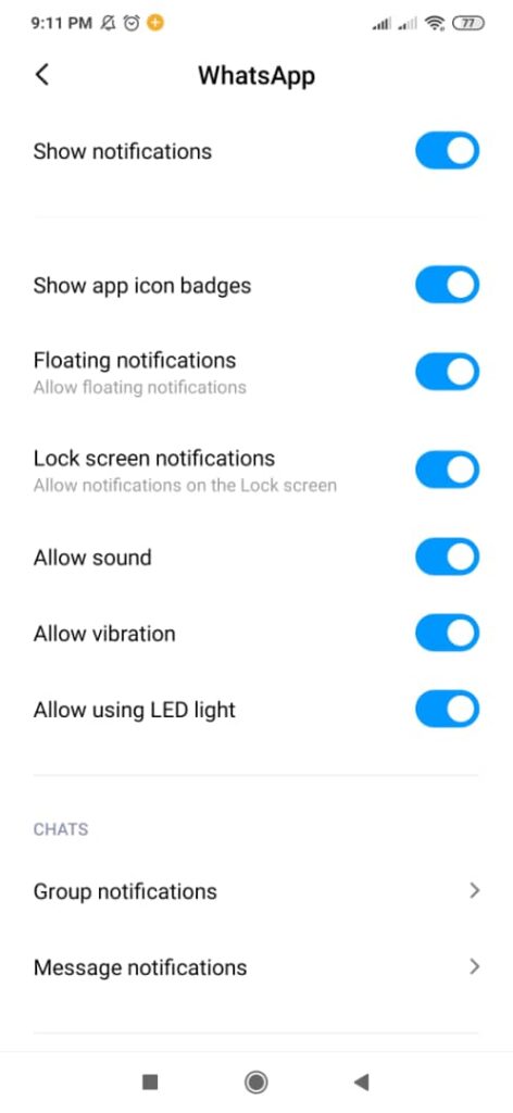 WhatsApp show notifications setting along with a host of other settings