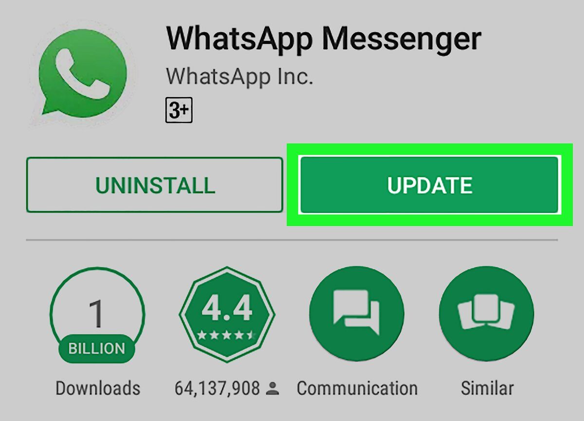 WhatsApp with an available update on the Play Store