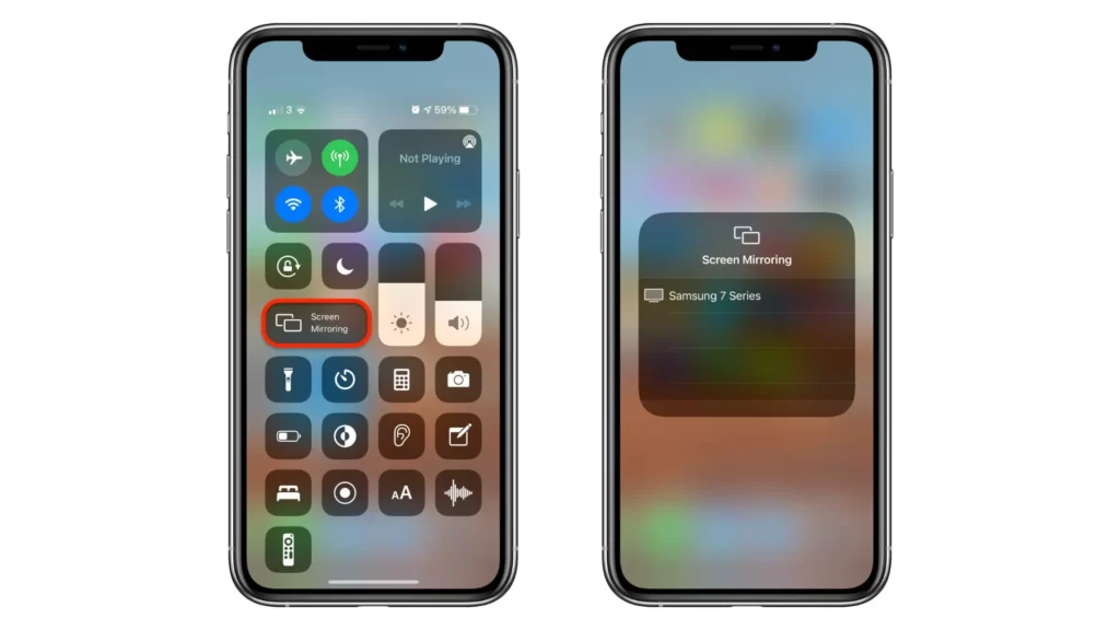 The screen mirroring option activated on the iPhone through the Control Center