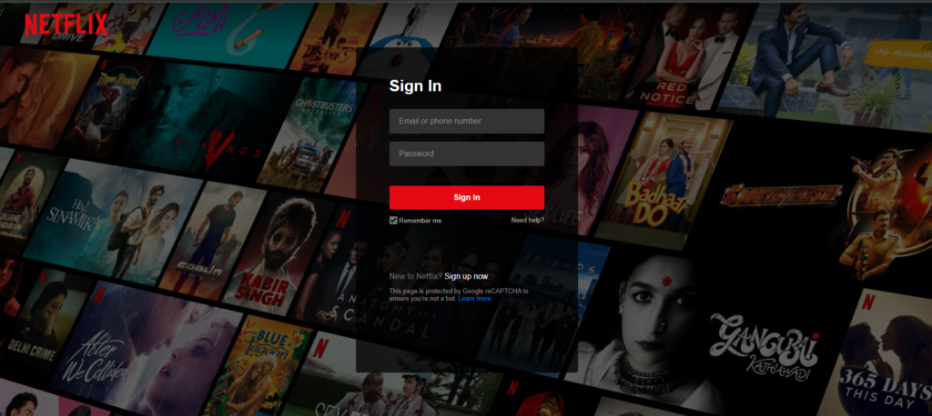 Netflix Log-in screen