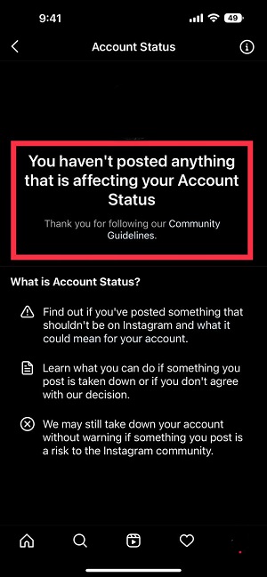 check account status on Instagram