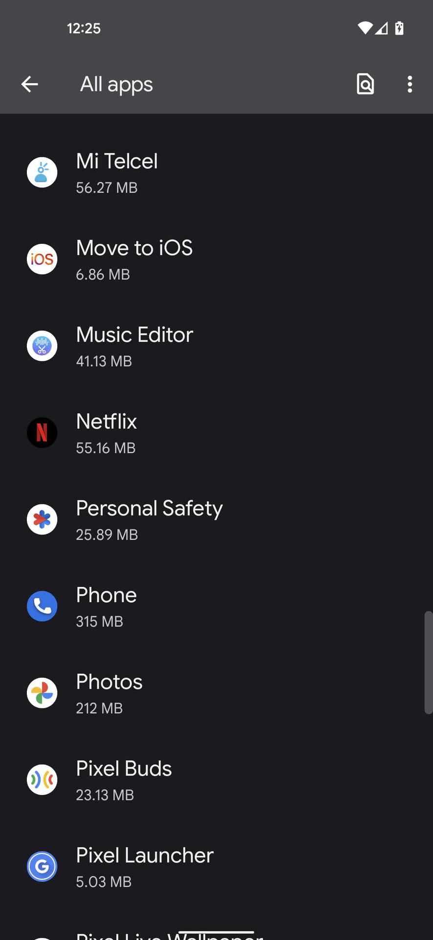 Screenshot of Apps Storage in a phone