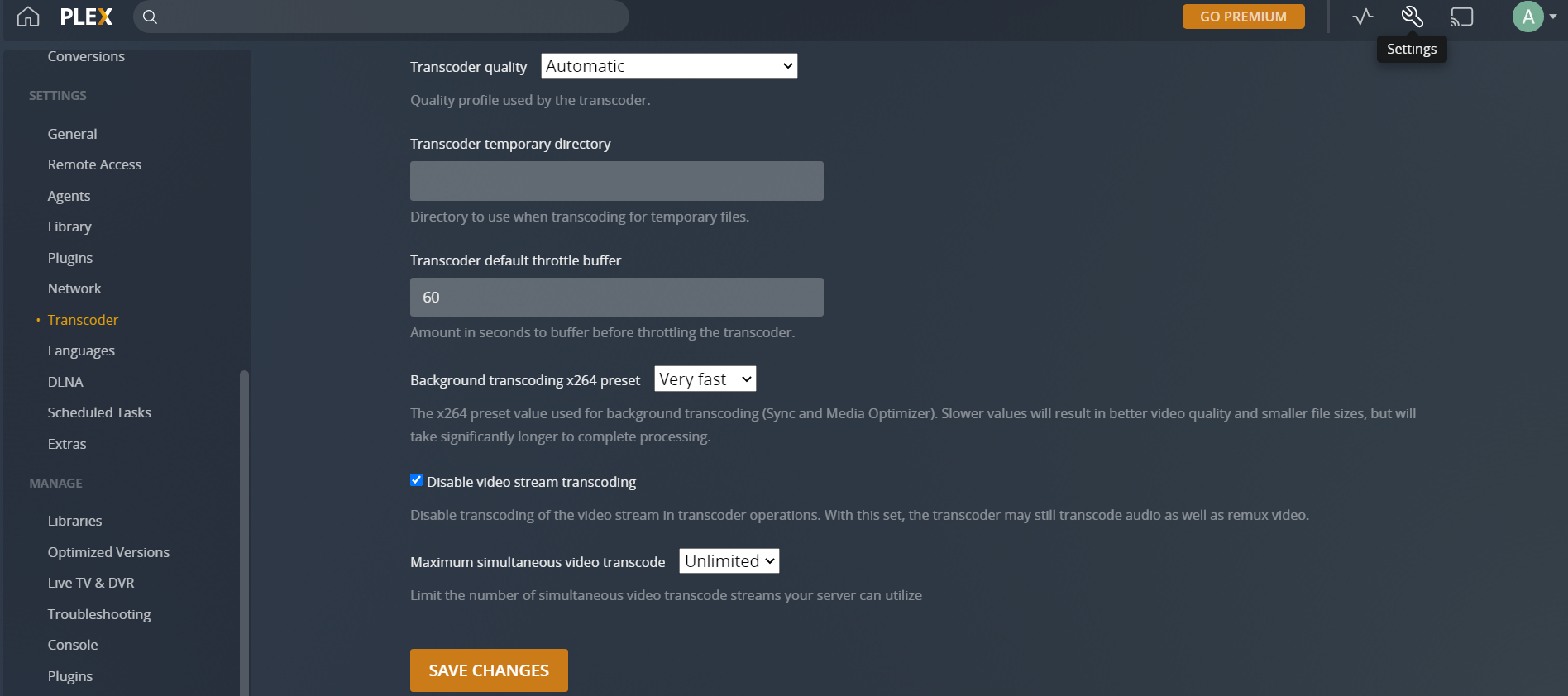 Plex Transcoder Settings