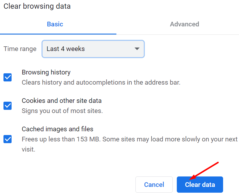 Screen Shot of Chrome's Clear Cookies and Cache Setting page