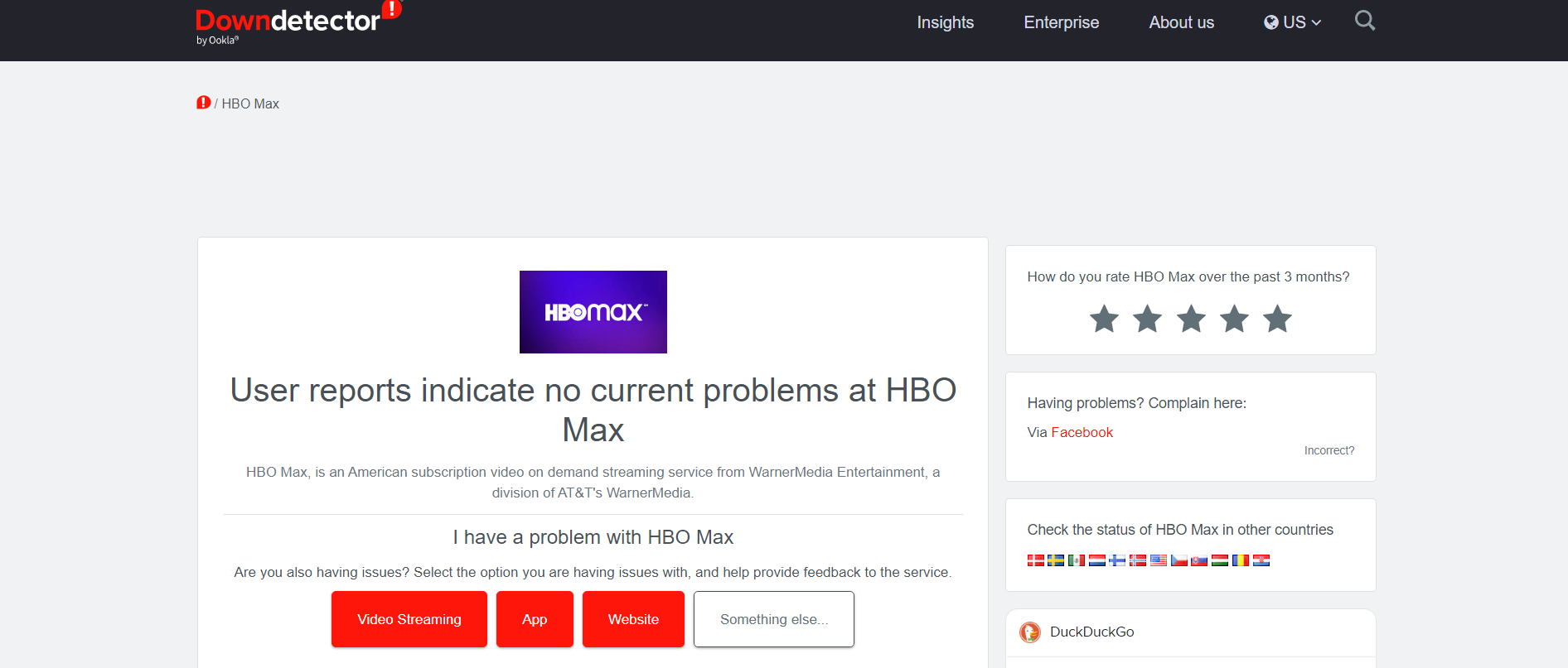HBO Max Down detector page