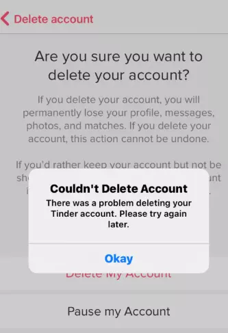 Couldn't delete tinder account