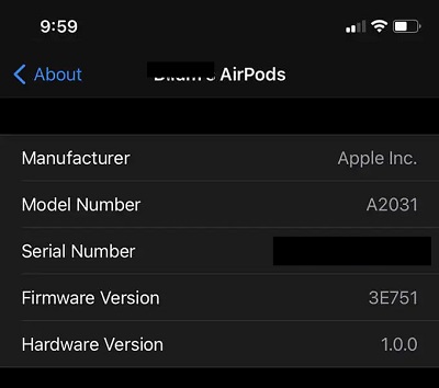 AirPods firmware version screen