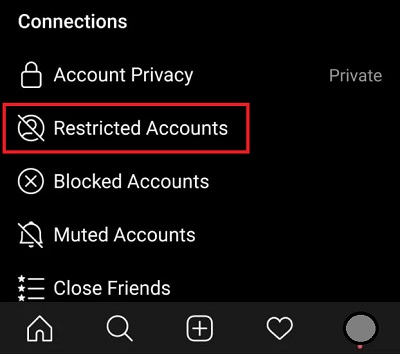 Restricted accounts section on Instagram