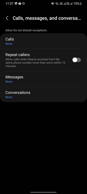 Call exception list in Do Not Disturb mode Samsung