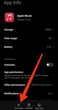 Force Stop Apple Music