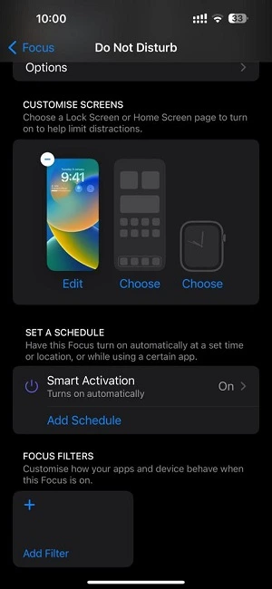 Smart Activation turned on in iphone focus