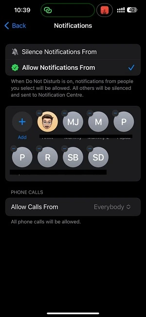 allow calls from everybody option in iphone DnD mode