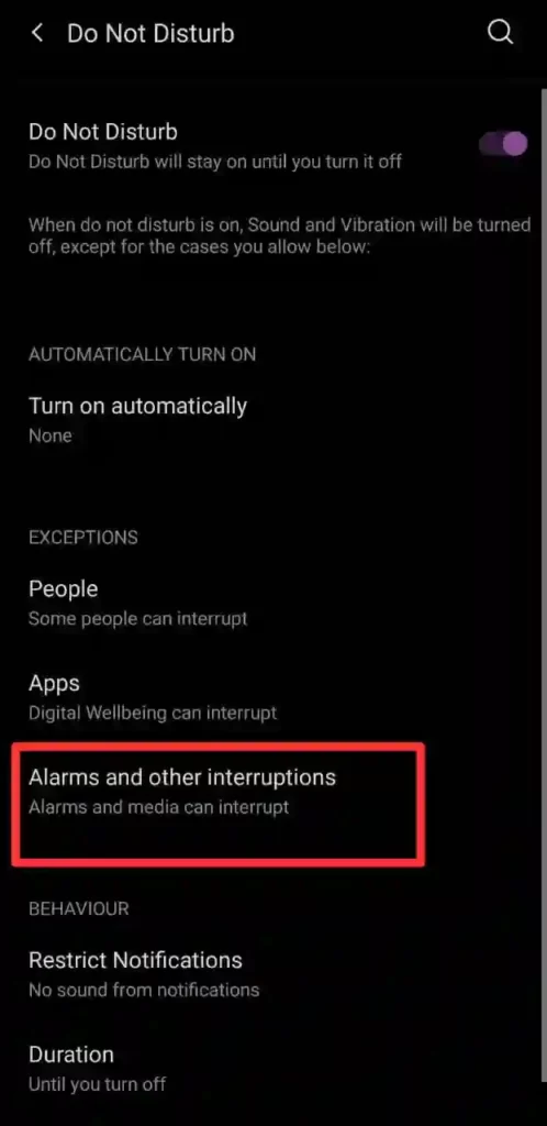 DND mode alarm settings Android