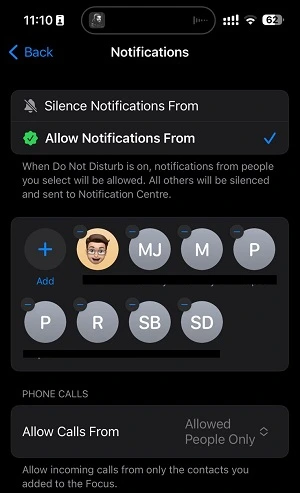 Contacts added in 'Allowed From' list in focus mode iphone 14 pro max