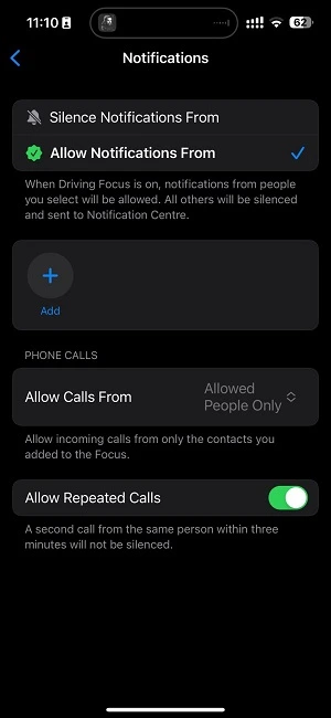 Allow Repeated Calls option turned on in DnD settings in iphone