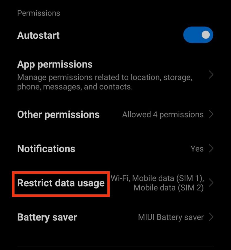 Selecting Restrict data usage