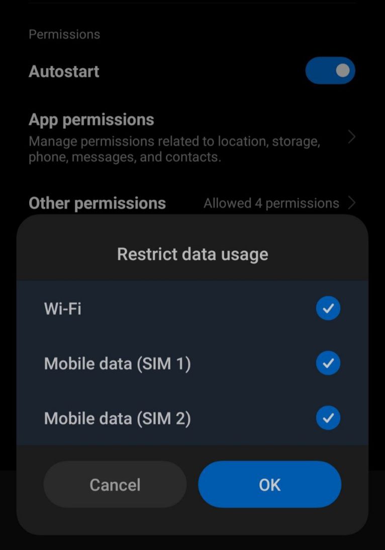 Reselecting the options under Restrict data usage