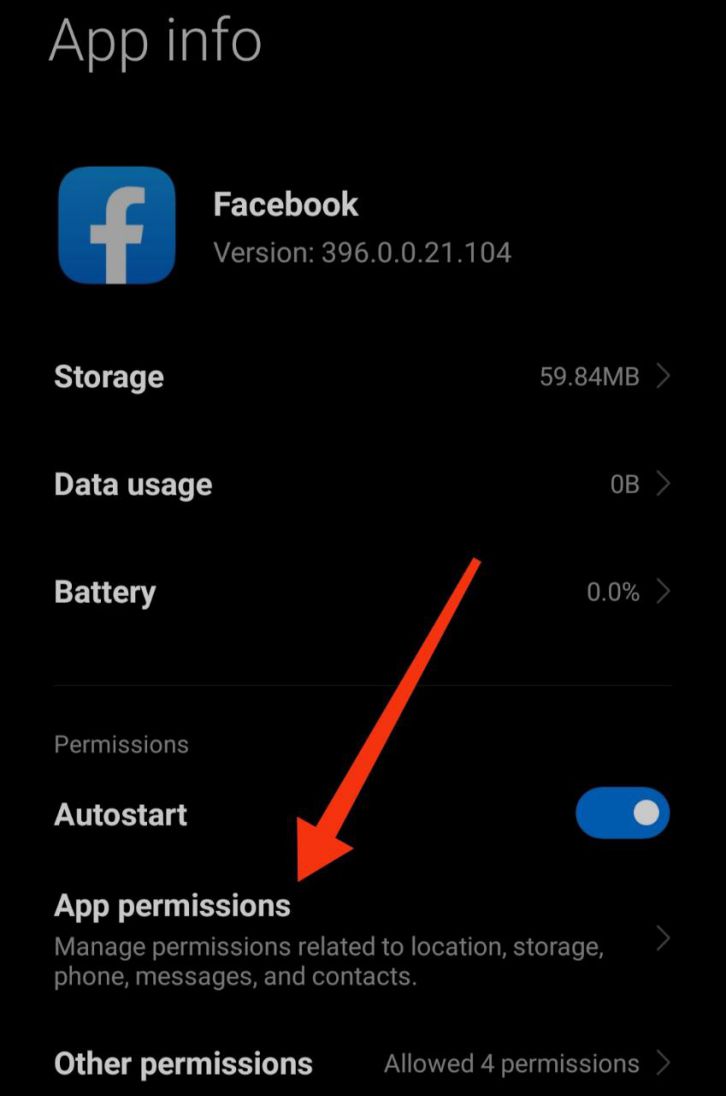 Selecting App Permissions from the App info page
