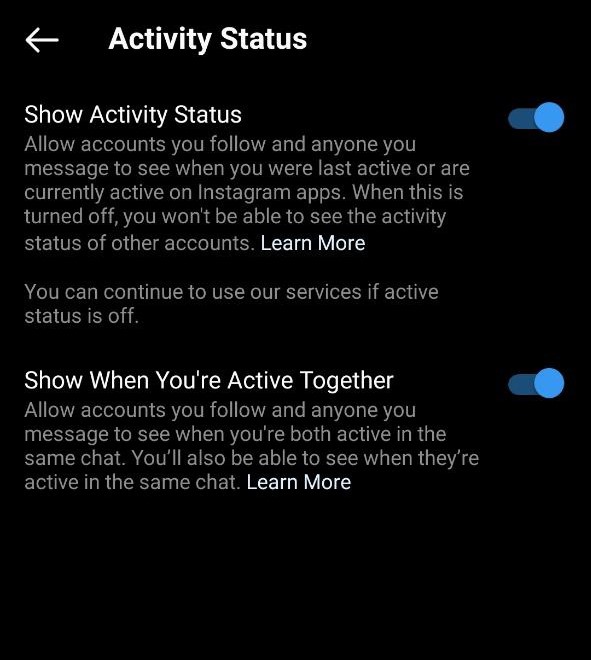Show activity Status feature on Instagram