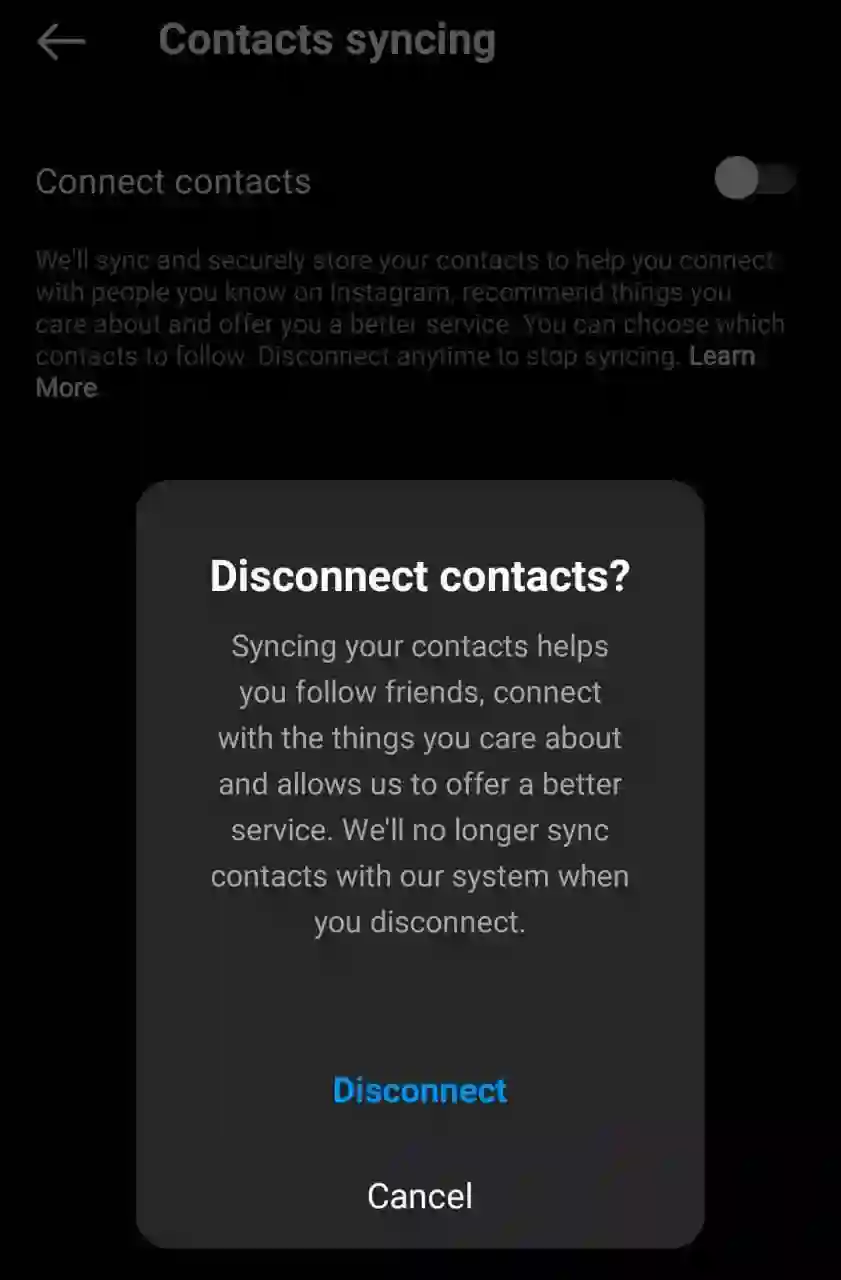 Disable contact syncing instagram