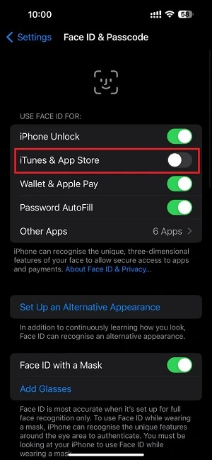 Enable Face ID for iTunes & App Store