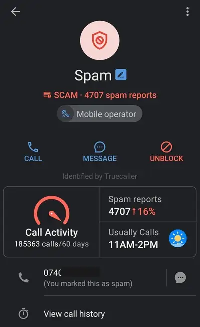 Truecaller spam report of a number
