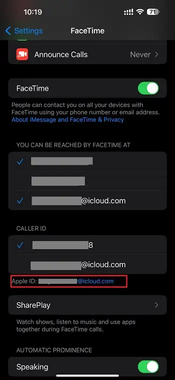 Apple ID option in Facetime settings